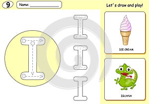 Cartoon ice cream and iguana. Alphabet tracing worksheet