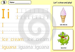 Cartoon ice cream and iguana. Alphabet tracing worksheet