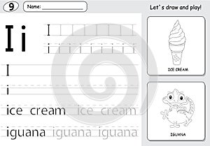 Cartoon ice cream and iguana. Alphabet tracing worksheet: writing A-Z and educational game for kids