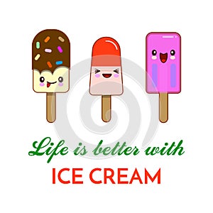 Cartoon ice cream illustration. artistic drawing emoticon food. Summer drawn dessert and quote life is better with ice