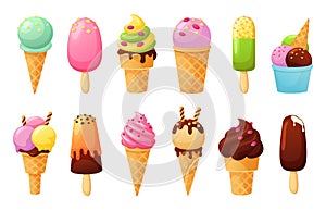 Cartoon ice cream. Tasty fruit ice, sweet summer sundaes in cone and cold delicious gelato vector illustration set