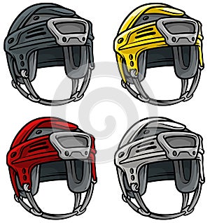 Cartoon ice hockey sport helmet vector icon set