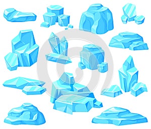 Cartoon ice pieces. Icicle glacier iceberg, frozen berg blocks, blue cold clean crystal, piece snow floe, freeze glass