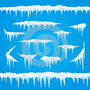 Cartoon icicles ice cap. Winter frosted snow frame for snowfall sign. Top of snowcap, snowed frames borders vector set