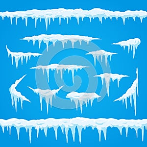 Cartoon icicles ice cap. Winter frosted snow frame for snowfall sign. Top of snowcap, snowed frames borders vector set photo