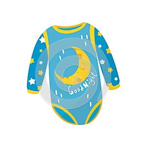 Cartoon icon of blue baby bodysuit with long sleeves and crescent print. Cute apparel for newborn boy. Kids clothing