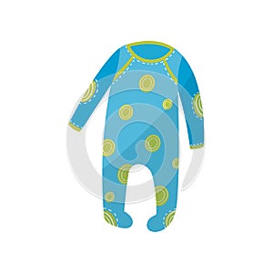 Cartoon icon of blue baby romper with green round patterns. Garment for newborn boy or girl. Children s apparel. Kids