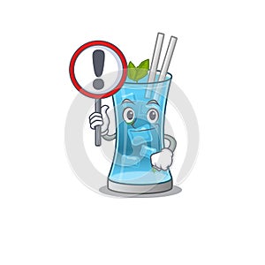 A cartoon icon of blue hawai cocktail with a exclamation sign board