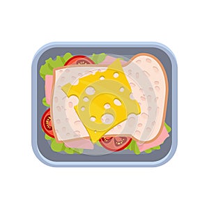 Flat vector icon of delicious sandwich with ham, cheese, fresh tomatoes and lettuce leaves in lunch box. Food theme