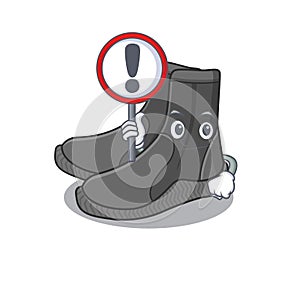 A cartoon icon of dive booties with a exclamation sign board