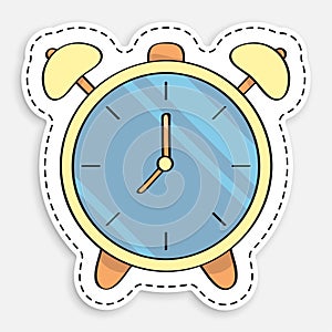 Cartoon icon of doodle alarm clock. Mechanical watch for measuring time. Good start to your working day. Vector isolated on white