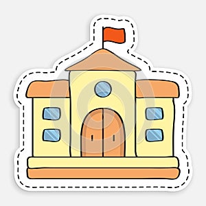Cartoon icon of doodle school house sticker in dotted stroke. Exterior of university building. Vector isolated on white background