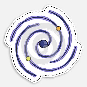Cartoon icon of doodle spiral galaxy. Exploration of space and star clusters. Black hole in center of Milky Way galaxy. Vector