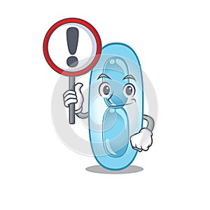 A cartoon icon of klebsiella pneumoniae with a exclamation sign board