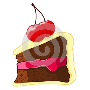 Cartoon icon of a piece of chocolate cake with lemon icing and a cherry.