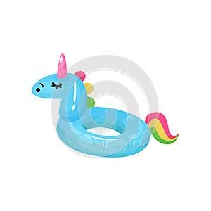 Cartoon icon of rubber ring for swimming in shape of blue unicorn with colorful tail. Inflatable circle toy for