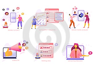Cartoon icon set with customer care marketing, social media PR, analysis, research and content business