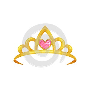 Cartoon icon of shiny princess crown with precious pink stone in shape of heart. Golden ancient queen tiara. Symbol of