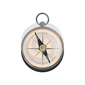 Cartoon icon of silver compass with black arrow. Retro navigational tool for archaeologist. Flat vector design for