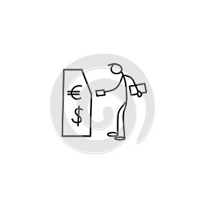 Cartoon icon of sketch little stick figure man withdrawing money from cash machine