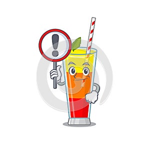 A cartoon icon of tequila sunrise cocktail with a exclamation sign board