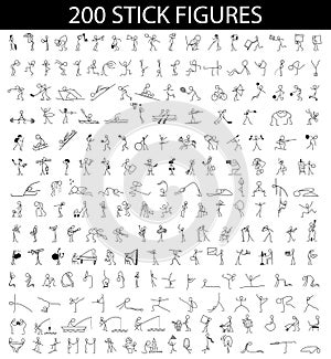 Cartoon icons set of 200 sketch little people stick figure