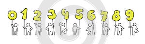 Cartoon icons set of sketch little people with numbers.