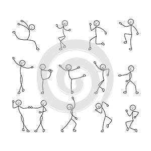 Cartoon icons set of sketch little people stick figure, dancing people, freehand drawing, sketch, stick figure man