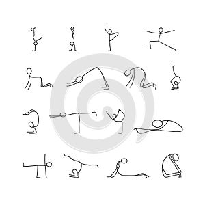 Cartoon icons set of sketch little people stick figures doing yoga