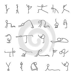 Cartoon icons set of sketch little people stick figures doing yoga