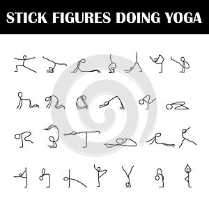 Cartoon icons set of sketch little people stick figures doing yoga