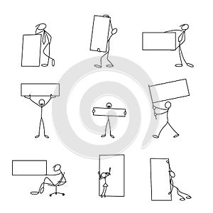 Cartoon icons set of sketch stick business figures in cute miniature scenes.