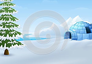 Cartoon of Igloo with fir trees and mountains in winter illustration