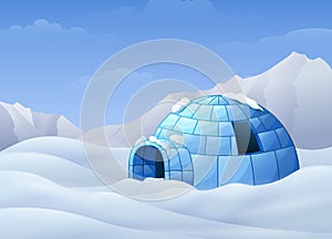 Cartoon of Igloo with mountains in winter illustration