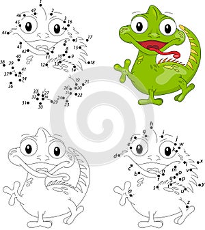 Cartoon iguana. Coloring book and dot to dot game for kids