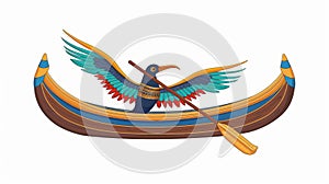 Cartoon illustration of ancient Egypt wooden boat with oar or paddle for sun god trip. Egyptian culture religious symbol
