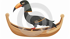 A cartoon illustration for an ancient Egyptian sun god Ra or Horus in a wooden boat. It's an Egyptian culture photo