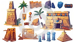 Cartoon illustration of an ancient stone board or clay tablet and Egyptian hieroglyphs, a graphical user interface for a