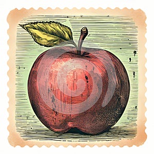 Vintage Woodcut-inspired Red Apple Print On White Background photo