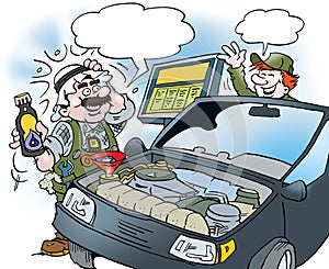 Cartoon illustration of an Arab who tests a new type of oil on the car