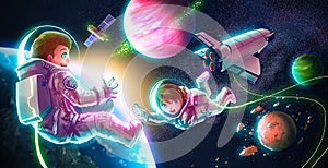 Cartoon illustration of astronaut couple both boy and girl