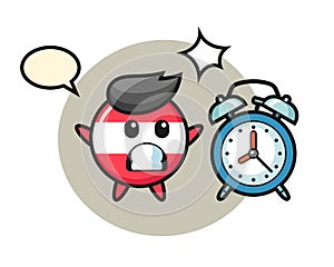 Cartoon illustration of austria flag badge is surprised with a giant alarm clock