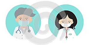 A cartoon illustration of an avatar of a doctors man and woman with a stethoscope, coat and protective mask. Round green icon,
