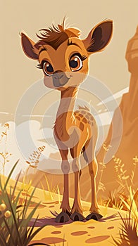 A cartoon illustration of a baby giraffe in a terrestrial animal landscape