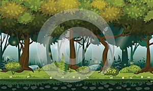 Cartoon illustration of background forest. Bright forest woods, silhouttes, trees with bushes, ferns and flowers. For