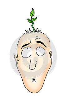 Cartoon illustration of a bald young man growing tayos, plants and herbs on his head