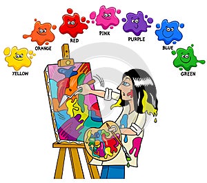 Basic colors educational worksheet with artist painter