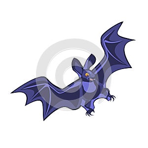 Cartoon illustration bat character, flying with wings spread, in flat contemporary style isolated on white