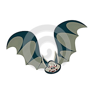 Cartoon illustration bat character, flying with wings spread, in flat contemporary style isolated on white