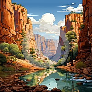 Cartoon Illustration Of A Beautiful River Running Through A Canyon